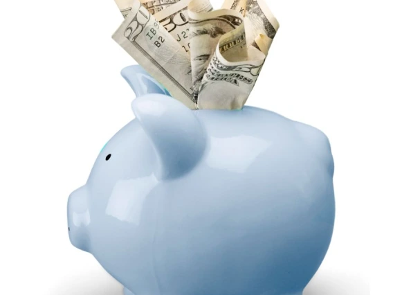 Piggy bank with paper money sticking out the top
