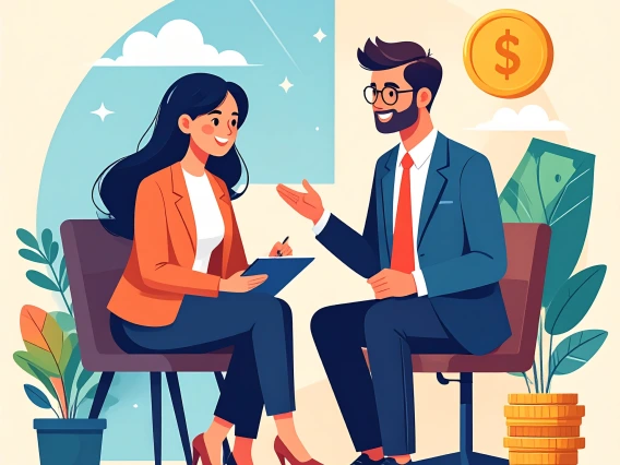 cartoon, two adults talking about money