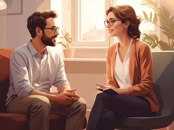 two adults talking in a coaching session